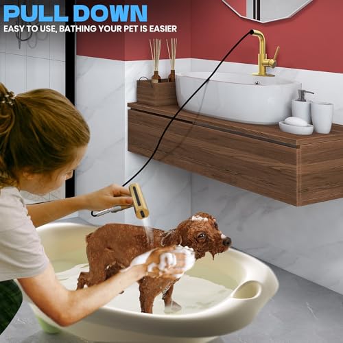 Gold Bathroom Faucet with Sprayer - Brushed Gold Bathroom Faucets for Sink 1 Hole or 3 Holes, 4 Mode Single Handle Vanity Faucet Waterfall Bathroom Faucet with Pull Down Sprayer (No Drain) - color: Gold
