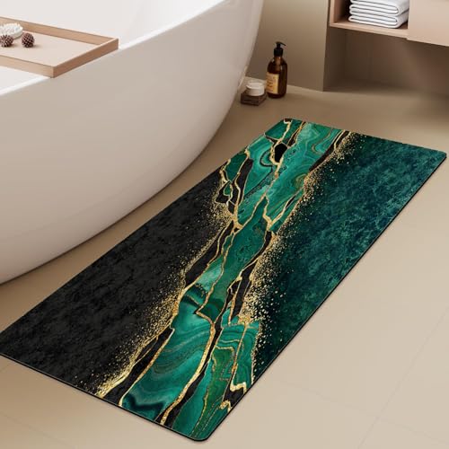 Extra Long Bath Rug, Green and Gold Marble Decor Non Slip Bath Runner Rug with Rubber Backing, Thin Absorbent Quick Dry Bath Mats for Bathtub Bathroom Kitchen, 15.7x47.2 inch - color: Green and Gold
