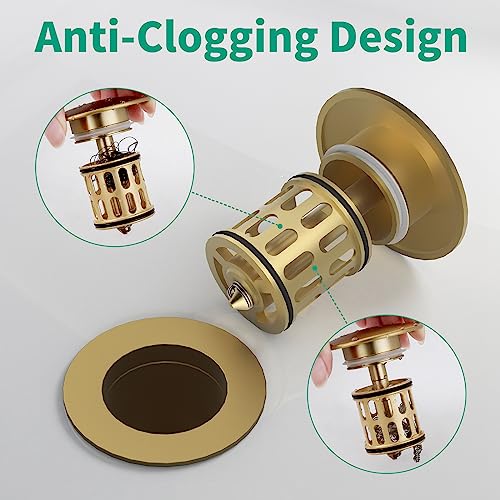 Bathroom Pop up Drain Without Overflow, Anti-Clogging Vessel Sink Drain Strainer, Pop Up Drain with Detachable Basket, Hair Catcher Bathroom Sink Drain Stopper(Brushed Gold, No Overflow) | Anti-Clogging Vessel Sink Drain Strainer, Pop Up Drain with Detach