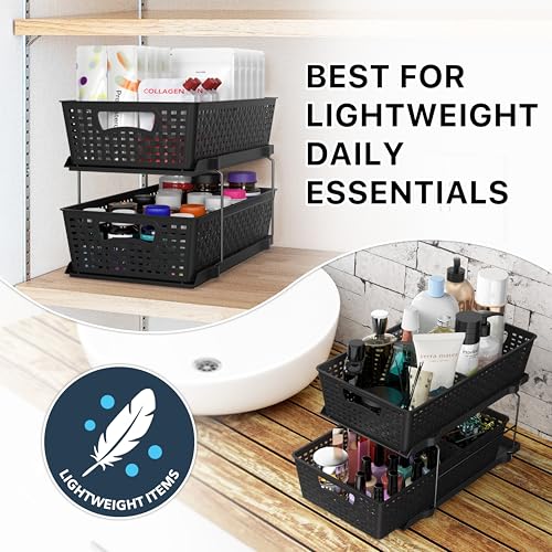Simple Houseware 2 Tier Pull-Out Sliding Drawer Under Sink Storage, Black | Great for Kitchen Bathroom Tray Shelf Organizer - color: Black