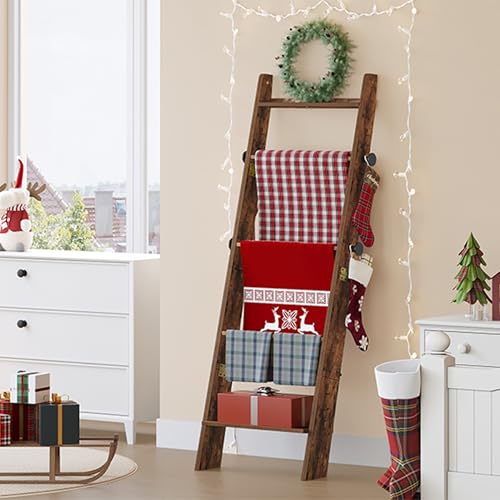 Hzuaneri Blanket Ladder, Decorative Quilt Rack with 4 Removable Hooks | 5-Tier Blanket Ladder Shelf for Bedroom Living Room, Rustic Brown BR30501X - size: 5.6"D x 17"W x 62.5"H