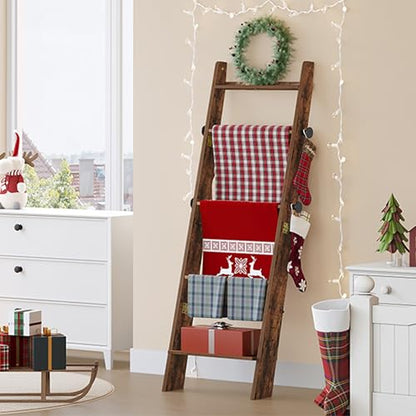Hzuaneri Blanket Ladder, Decorative Quilt Rack with 4 Removable Hooks | 5-Tier Blanket Ladder Shelf for Bedroom Living Room, Rustic Brown BR30501X - size: 5.6"D x 17"W x 62.5"H