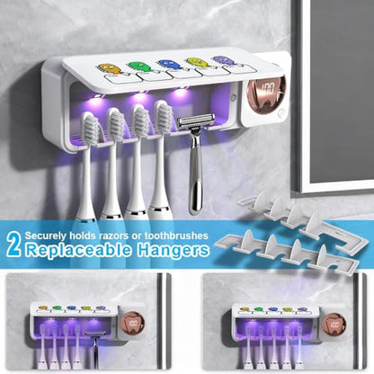 Toothbrush Holders Wall Mounted Name Labels No Drill for Family & Bathrooms | 5 name slots wall mount toothbrush holders, strong adhesive, fits electric/manual, 30-day bat, stops when open, HD display