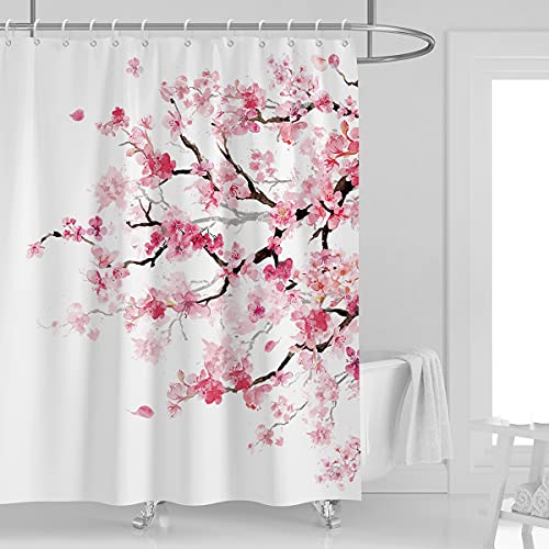 Pink Floral Shower Curtain, Japanese, 12 Hooks, 60" W x 72" L | Sakura Pattern, Elegant Cherry Blossom Art, Romantic Nature Style, Cute Girly Aesthetic Bathroom Decor - color: Pink White, size: 60"W x 72"L (Pack of 1)