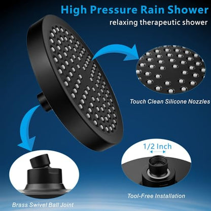 High Pressure Rain Shower Head with 11'' Extension Arm - High Flow Rainfall Showerhead - Luxury Modern Look - Pressure Boosting (Round, Matte Black) - color: Matte Black, style: 6" Round