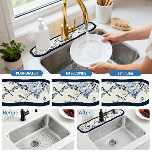 2 Pcs Irregular Shape Kitchen Sink Splash Guard Faucet Mat Flower and Bird Painting Pattern Faucet Mat for Sinks Chinese Style Absorbing Drying Mats for Kitchen Bathroom, 23.6x5.5inch - color: Flower and Bird