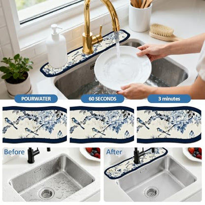 2 Pcs Irregular Shape Kitchen Sink Splash Guard Faucet Mat Flower and Bird Painting Pattern Faucet Mat for Sinks Chinese Style Absorbing Drying Mats for Kitchen Bathroom, 23.6x5.5inch - color: Flower and Bird