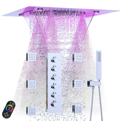 Enga 20 Inch Rain Shower System, LED Atomizing Rainfall Waterfall Large Horizontal Square Ceiling Shower Head with Remote Control Thermostatic Shower Faucet Set Flow Can Be Controlled, Chrome - color: Chrome, style: 20" Head (Rain + Mist+Waterfall) - Jets