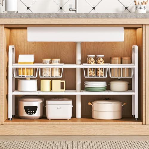 2 Tier Under Sink Organizer Expandable Length/Height Adjustable Heavy | removable panels & baskets, 150% capacity boost, 50lb steel, anti-wobble feet, fits kitchen/bath/laundry, easy set up