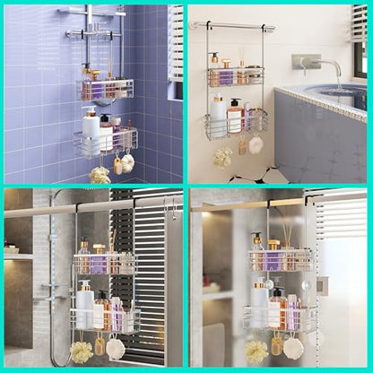 HapiRm Hanging Shower Caddy Organizer - No Drilling Shower Organizer with Hooks, Rustproof & Waterproof 304 Stainless Steel Bathroom Shelves - Silver - color: Silver