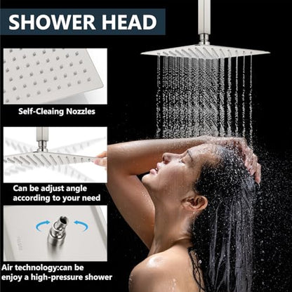 Aolemi Ceiling Shower Faucet with Handheld 8 Inch Head Brushed Nickel | Shower Valve and Trim Kit,SUS304 Rain Head and Handle Set System,All Metal,Bathroom, Handheld Spray - color: Nickel, size: 8 Inch Ceiling Shower Head