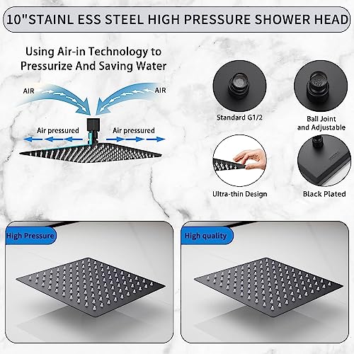 Rain Shower Head Black with Extension Arm 10 Inch Square Shower Head with 16 Inch Shower Arm Large Stainless Steel Rainfall Showerhead Matte Black Waterfall Full Body Coverage - color: Black, size: 10inch