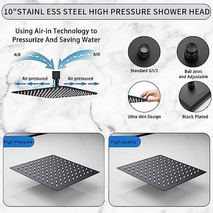 Rain Shower Head Black with Extension Arm 10 Inch Square Shower Head with 16 Inch Shower Arm Large Stainless Steel Rainfall Showerhead Matte Black Waterfall Full Body Coverage - color: Black, size: 10inch