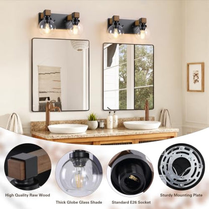 Farmhouse Bathroom Vanity Light, 2-Light Wood Bathroom Light Fixtures Over Mirror, Black Vanity Lighting Fixtures with Glass Shades, Rustic Bathroom Lighting for Living Room Bedroom Hallway - size: 2-Light