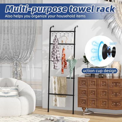 Simple Trending Blanket Ladder, 5 Tier Metal Towel Rack with 12 Hooks, 79'' Metal Style Decorative Ladder for Living Room Bedroom Bathroom Home Decor, Black