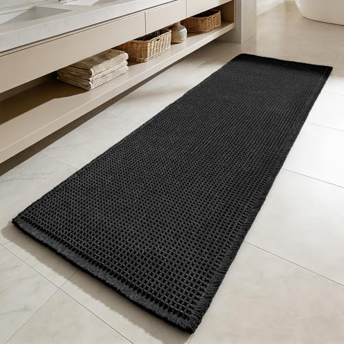 MIULEE Waffle Bathroom Runner Rugs Boho Large Bath Mat 2'x5'(24"x60") Black | Super Absorbent, Non Slip, Upgraded Soft, Quick Dry, Washable Bath Rug with Tassels for Hallway Laundry Room Bedroom - color: Black, size: 24''x60''