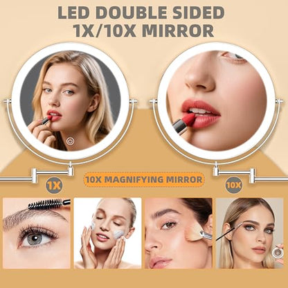 Wall Mounted Lighted Makeup Mirror with Extended Arm for Bathroom | Round 8.5 Inch Double Side 1X/10X Magnifying, 360° Swivel, 19.7 Inch Extended Arm, 3 Color Lights Dimmable, Rechargeable - color: Chrome