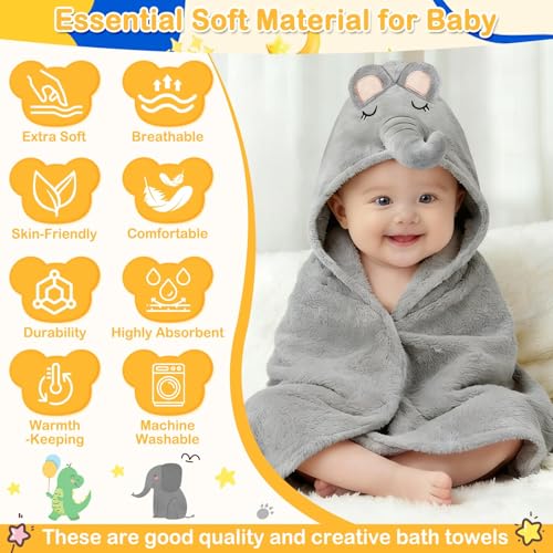 12 Pcs Baby Towel Set, Soft Baby Bath Towels and Washcloths Set, 2 Pcs Hooded Baby Towel, 2 Pcs Baby Burp Cloths and 8 Pcs Baby Washcloths for Infants, Toddlers and Kids (Dinosaurs & Elephants) - color: Dinosaurs & Elephants-12pcs