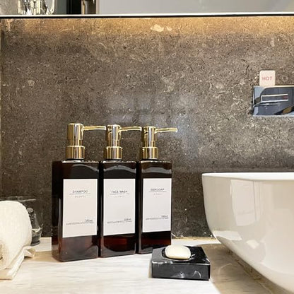 Shampoo and Conditioner Dispenser, No Drill, 16 Waterproof Labels | Shampoo Dispenser for Shower Wall, Shower Soap Dispenser Wall Mounted 3 Chamber, Bathroom, 17oz, Gold Amber - color: Amber Bottle + Gold Pump