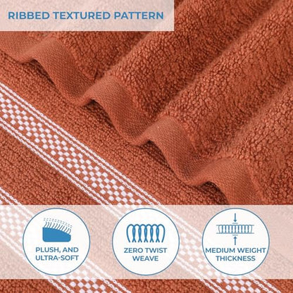 Superior Cotton Bath Sheet Set, Zero Twist, Ribbed Geometric, Oversized Large Absorbent Body Towels, Luxury Soft Quick Dry, Shower, Spa, Hotel, Pool, Guest Bathroom, Home Essentials, Set of 2, Rust