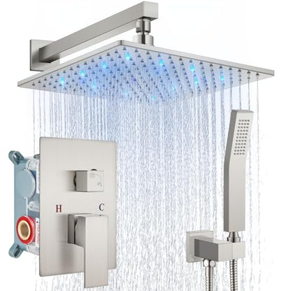 Aolemi Shower Faucet Set with Valve Handheld 12" LED Head Brushed Nickel | Handheld Spray,12 Inch Rain LED Head,Valve and Trim Kit,All Metal,Wall Mount Shower System,Bathroom Mixer - color: Nickel, size: 12 Inch LED Shower Head