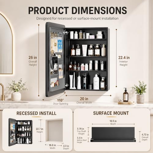 20x26 Black Medicine Cabinet Mirror, Recessed or Surface Mount | Built-in makeup organizer with lipstick slots, Brush holders and inner mirror; 3 adjustable shelves; Rustproof aluminum - size: 20" x 26"