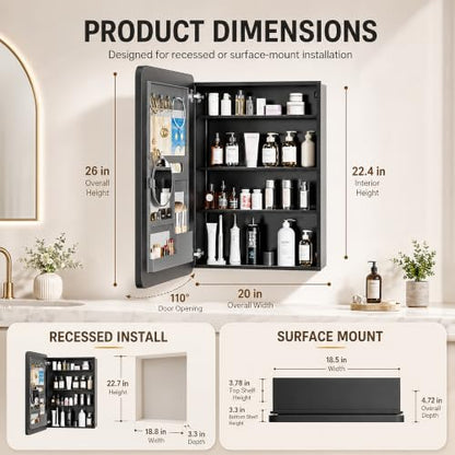 20x26 Black Medicine Cabinet Mirror, Recessed or Surface Mount | Built-in makeup organizer with lipstick slots, Brush holders and inner mirror; 3 adjustable shelves; Rustproof aluminum - size: 20" x 26"