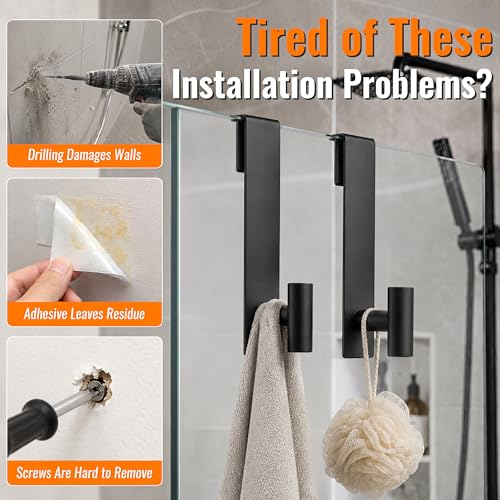 Over Glass Shower Towel Hooks, Shower Door Hooks, Black, 2 Pack | Stainless Steel, Heavy Duty, Easy Installation, Slim Design, Soft Padding, Shower Towel Hooks For Glass Shower Door