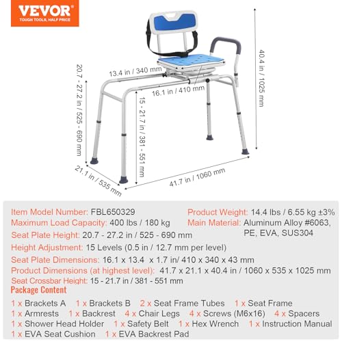 VEVOR Sliding Tub Transfer Bench with 360 Degree Swivel Seat, Height Adjustable Bathtub Transfer Bench with Armrest & Safety Belt, Non-Slip Rotating Shower Chair for Elderly Disabled, 400LBS Capacity