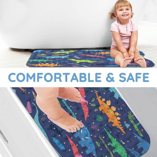 Bathtub Mats for Kids, Cartoon Blue Dinosaur Bath Mat for Tub Non Slip, 40 X 16 Inch Large Washable Bathtub Mat Non Slip for Showers with Drain Holes and Suction Cups - color: Blue Dinosaur