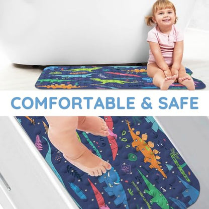 Bathtub Mats for Kids, Cartoon Blue Dinosaur Bath Mat for Tub Non Slip, 40 X 16 Inch Large Washable Bathtub Mat Non Slip for Showers with Drain Holes and Suction Cups - color: Blue Dinosaur