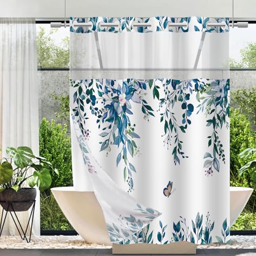No Hook Shower Curtain and Liner Set, Dark Blue Eucalyptus 71x84 | Floral Design, with Snap in Liner, See-Through Top Window, Waterproof, Machine Washable, Quick-Drying, for Hotel Bathroom - color: Dark Blue, size: 71"W x 84"L (Pack of 1)