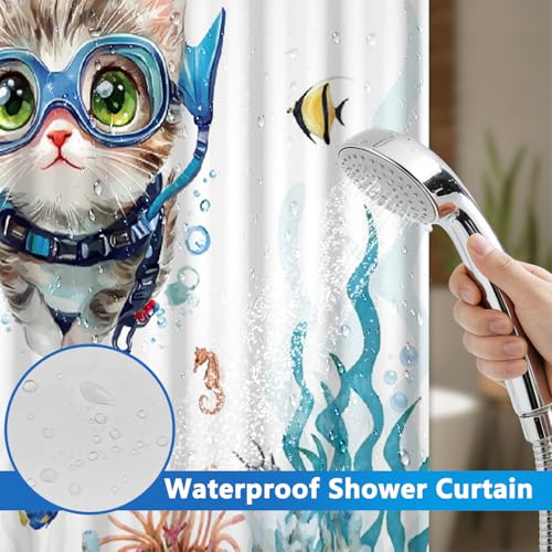 Ocean Shower Curtains for Bathroom, Cute Diving Cat No Hook Shower Curtain with Mesh Top Window and Detachable Liner, 71x74 Inch Waterproof Fabric Shower Curtain with Built-in Rings and Weighted Hem - color: Cat