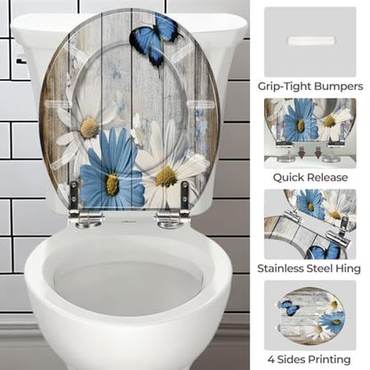 Round Resin Toilet Seat, Quietly Close Quick Release Hinges Cover | Toilet Lid Cover Easy to Clean and Install, Flower Shower Daisy Wild Rustic Floral Blue Daisies Heavy Duty Toilet Seat - color: pattern9, size: O-shape