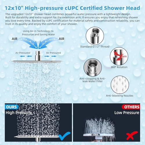 Hibbent All Metal CUPC Certified 12'' Rainfall Shower Head, Dual Shower Head Combo with 4 Handheld Sprays, High Pressure Shower Wand, 16'' Adjustable Extension Arm, 71'' Hose, Shower Holder, Chrome - color: Chrome, style: Square 12''
