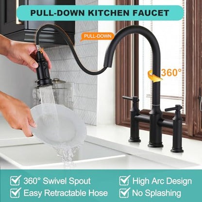 Matte Black Bridge Kitchen Faucet: 3 Holes Brass Bridge Faucet with Pull Down Sprayer - Two Handles 8 Inch Centerset Kitchen Sink Faucet, 360° Swivel Spout - color: Matte Black