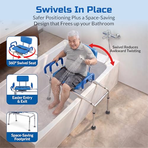 Carousel Sliding Shower Chair Tub Transfer Bench with Swivel Seat, Bariatric, Premium Padded with Pivoting Arms, High Capacity, Heavy Duty for Tubs, Inside Shower, for Handicap & Seniors, Blue | Slide Safely In & Out of the Tub - Blue, padded seat, padded