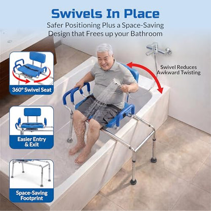 Carousel Sliding Shower Chair Tub Transfer Bench with Swivel Seat, Bariatric, Premium Padded with Pivoting Arms, High Capacity, Heavy Duty for Tubs, Inside Shower, for Handicap & Seniors, Blue | Slide Safely In & Out of the Tub - Blue, padded seat, padded