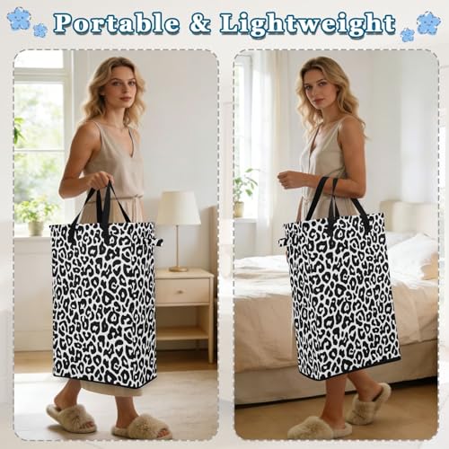 Leopard Black White Laundry Hamper Dirty Clothes Laundry Basket Bin for Bedroom Bathroom with Handles Slim Tall Collapsible Waterproof Freestanding 48L - color: Leopard Black white