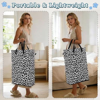 Leopard Black White Laundry Hamper Dirty Clothes Laundry Basket Bin for Bedroom Bathroom with Handles Slim Tall Collapsible Waterproof Freestanding 48L - color: Leopard Black white