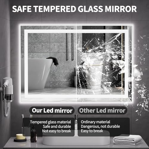Koonmi 36x24 LED Bathroom Mirror, Shatterproof Mirror with Light | 90CRI Shatterproof Vanity Mirror with Backlit + Front Lit, Easy Install for Bathroom Hotel (IP65) - size: 36"L x 24"W
