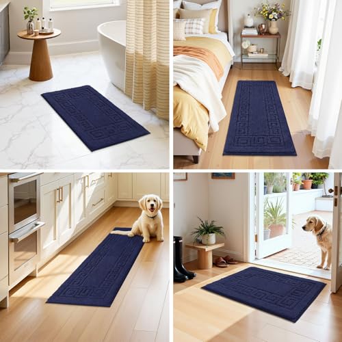 Pauwer Bathroom Rugs Sets 3 Piece, Plush Absorbent Bath Rug, Navy | Microfiber Bath Mat Set, Non Slip Washable, Quick Dry Floor Carprt, Soft U Shaped Toilet Mats For Bathroom Shower Sink - color: Navy