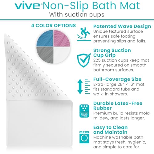 Vive Non-Slip Bath Mat with Suction Cups - 28" x 16" Extra Large Rubber Mat for Safety & Comfort - Patented Grip Prevents Slips and Falls for Kids, Elderly, Men, Women - XL Non Skid Shower & Tub Cover | For Safety & Comfort - Patented Grip Prevents Slips