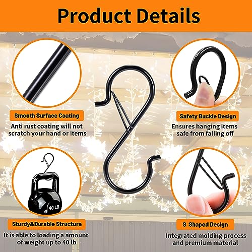 12 PCS S Hooks for Hanging with Safety Buckle, Heavy Duty Metal S Hooks | 3.5 inch S Shaped Hanger Hooks for Hanging Kitchen Utensil, Cups Pots Pan Closet Plants Purse Bags Hats (Black) - color: Black