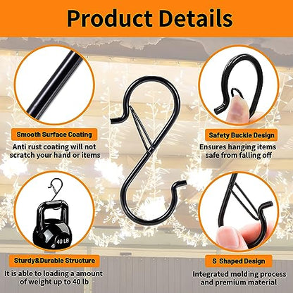 12 PCS S Hooks for Hanging with Safety Buckle, Heavy Duty Metal S Hooks | 3.5 inch S Shaped Hanger Hooks for Hanging Kitchen Utensil, Cups Pots Pan Closet Plants Purse Bags Hats (Black) - color: Black