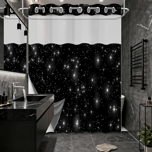 Star Space Hookless Shower Curtain with Snap in Liner, Black and White Watercolor Night Sky Galaxy No Hook Double Layer Shower Curtains and Liner Set, Waterproof Cloth Fabric, 71" W X 74" L - color: Black White, size: 71"W x 74"L (Pack of 1)