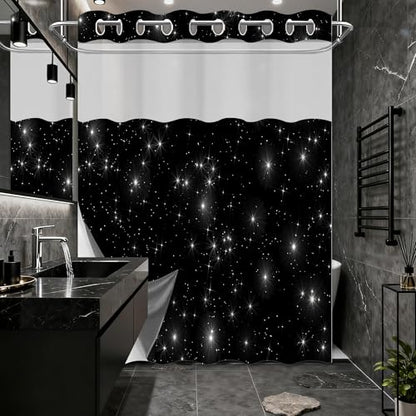 Star Space Hookless Shower Curtain with Snap in Liner, Black and White Watercolor Night Sky Galaxy No Hook Double Layer Shower Curtains and Liner Set, Waterproof Cloth Fabric, 71" W X 74" L - color: Black White, size: 71"W x 74"L (Pack of 1)
