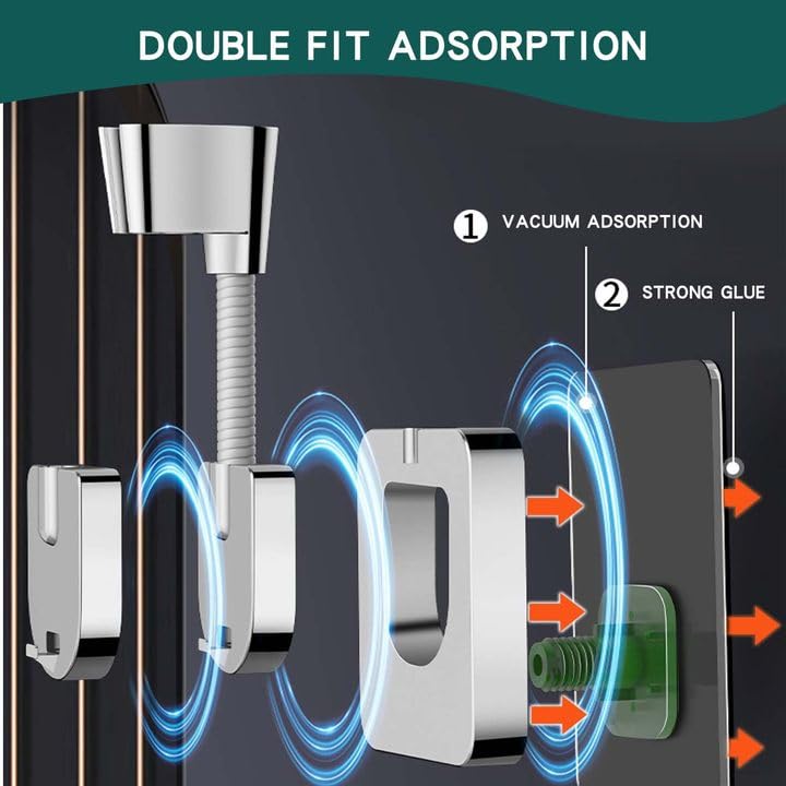 Shower Head Holder Wall Mount, 360° Adjustable Handheld, No-Drill Strong Adhesive Wand Bracket, Waterproof, Fits Handles up to 0.83 in (2.1 cm), Bathroom Accessories, Chrome Finish