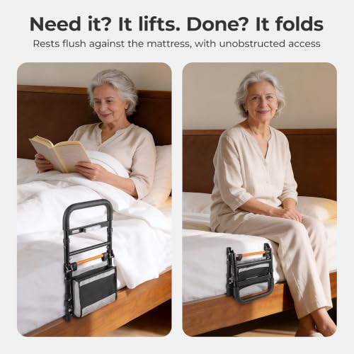C1 Fold Pro Bed Rails for Elderly Adults Safety - Bed Cane Assist Rail for Seniors with Activated Light Adjustable Height - size: C1F Pro (Foldable NEW)