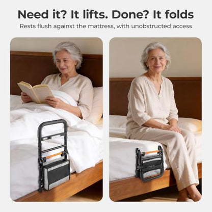 C1 Fold Pro Bed Rails for Elderly Adults Safety - Bed Cane Assist Rail for Seniors with Activated Light Adjustable Height - size: C1F Pro (Foldable NEW)